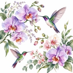 Zelfklevend textiel raamfolie kolibries tussen aquarelorchideeën1